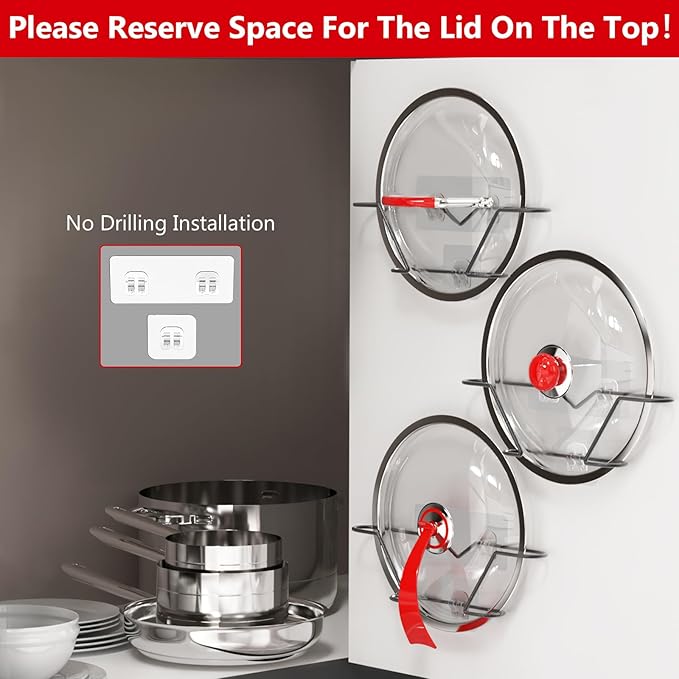 3 Pack Pot Lid Organizer, Rust Resistant Pan Lid Holder Organizer, No Drilling Adhesive Pot Lid Holder Inside Cabinet Door Wall Mount, Black Metal