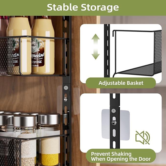Over The Door Pantry Organizer, 6-Tier Metal Hanging & Wall Mount Spice Rack, Kitchen Storage Room Organization