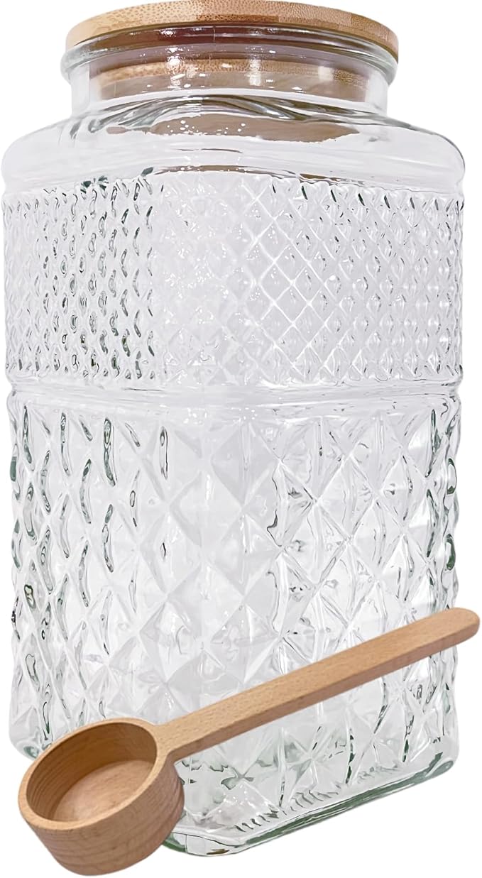 1 Gallon Glass Jar with Lid Spoon 120 OZ Square Wide Mouth Glass Storage Jars Airtight Large Vintage Canister Container for Candy Cookie Sugar Coffee Tea Nuts Flour Dog Treat Laundry Pods