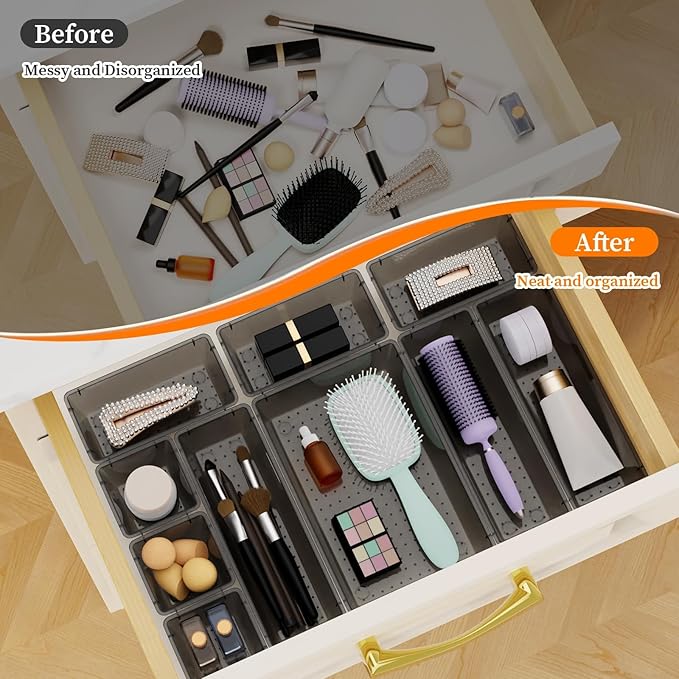 32 PCS Clear Plastic Drawer Organizer Set, 4-Size vanity organizer Trays and Storage Bins for Makeup, Jewelry and Gadgets in Bedroom, Bathroom and Office, Clear Black