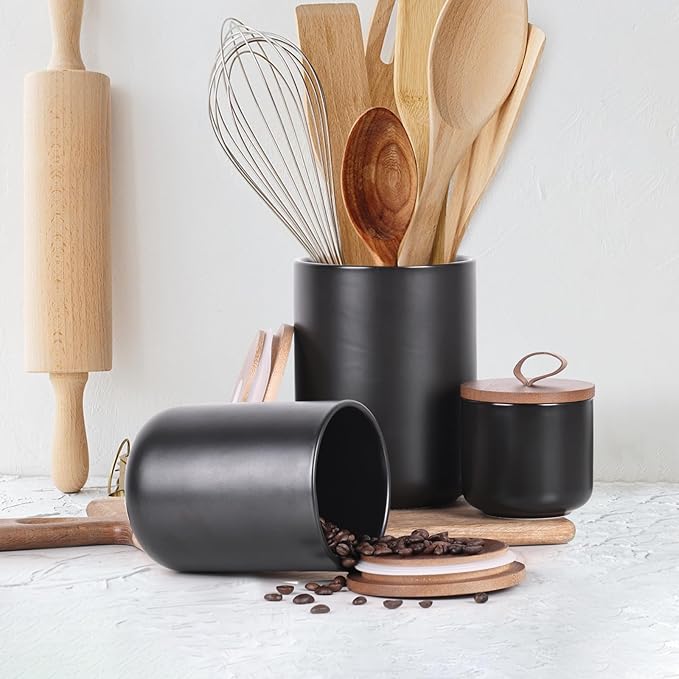 Black CanistersSets for the Kitchen, Tea Coffee Sugar Canister Set,Coffee Canisters with Airtight Lids,White Canisters Set of 3,Food Flour Storage Containers