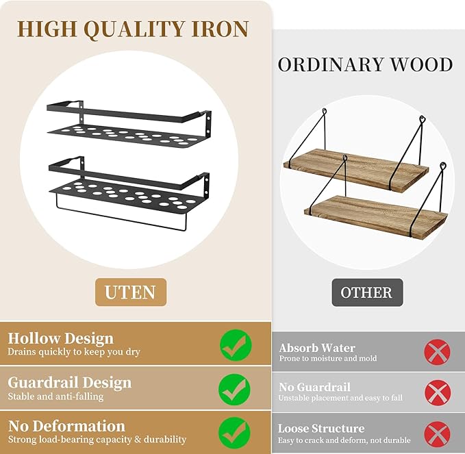 Uten Floating Shelves, Wall Mounted Iron Shelves Set of 2, Bathroom Storage Iron Shelves with Towel Rack, Wall Hanging Organizer Decor Shelf for Bathroom, Kitchen, Bedroom, Living Room