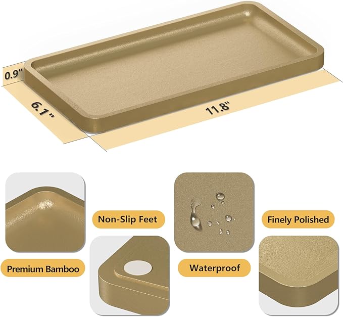 Weenson Gold Bathroom Vanity Tray for Countertop Perfume Makeup Jewelry Decor Candle, Bamboo Kitchen Tray for Soap Dispenser Spice Coffee, Toilet Tank Tray 11.81”L x 6.1”W x 0.79”H