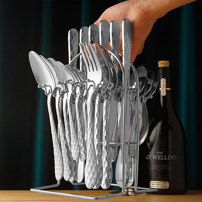 24 Piece Silverware Set with Hanging holder,Stainless Steel Flatware Cutlery Set-Fork Spoon and Knife Service for 6,Kitchen Utensil Tableware Set,Mirror Polished,Dishwasher Safe,Silvery