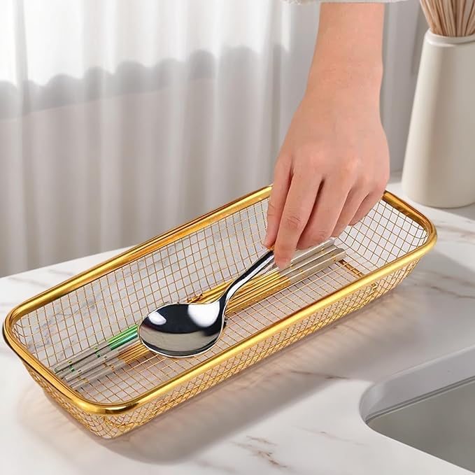 2-Pack Gold Flatware Organizer - Sturdy Mesh Design, Dishwasher-Safe & Easy-Clean Utensil Holder, Silverware Container Drawer Storage
