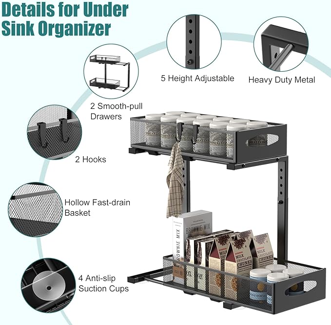 1 Pack Under Sink Organizer, 2 Tier Metal Pull Out Under Sink Storage with Sliding Mesh Drawers, Height Adjustable Slide Out Under Sink Organizer for Kitchen Bathroom Cabinet, Black