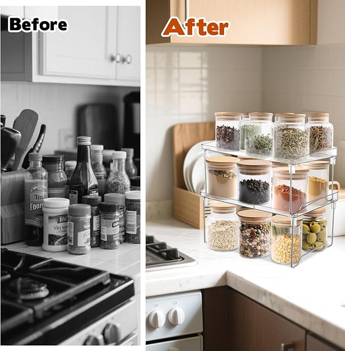 Rainmae 2 Pcs Spice Rack Organizer, Cabinet Organizer Shelf,Stackable Kitchen Counter Shelves, Countertop Organizers, Clear Plastic Storage Shelves Rack for Makeup Bathroom Desk Pantry Organization
