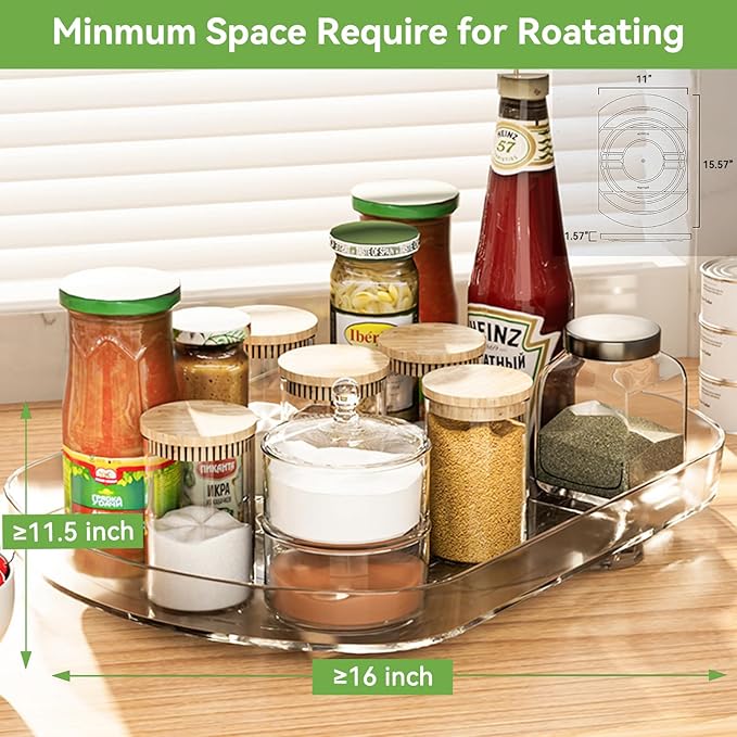 Voova Lazy Susan Turntable Organizer for Refrigerator, 360° Rotating Fridge Organizers and Storage,Rectangle Condiment Organizer Rack for Fridge,Cabinet, Kitchen, Pantry, Countertop, Clear (2 Pack)