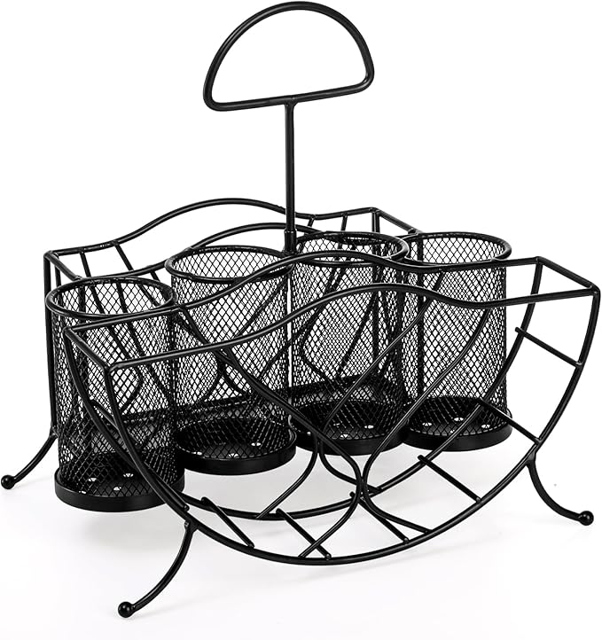 Bekith Silverware Caddy Paper Plate Napkin Holder, Utensil Holder with Handle, Countertop Flatware Caddy Portable Cutlery Storage Organizer for Kitchen, Picnic, Camping, Party, Metal Mesh, Black