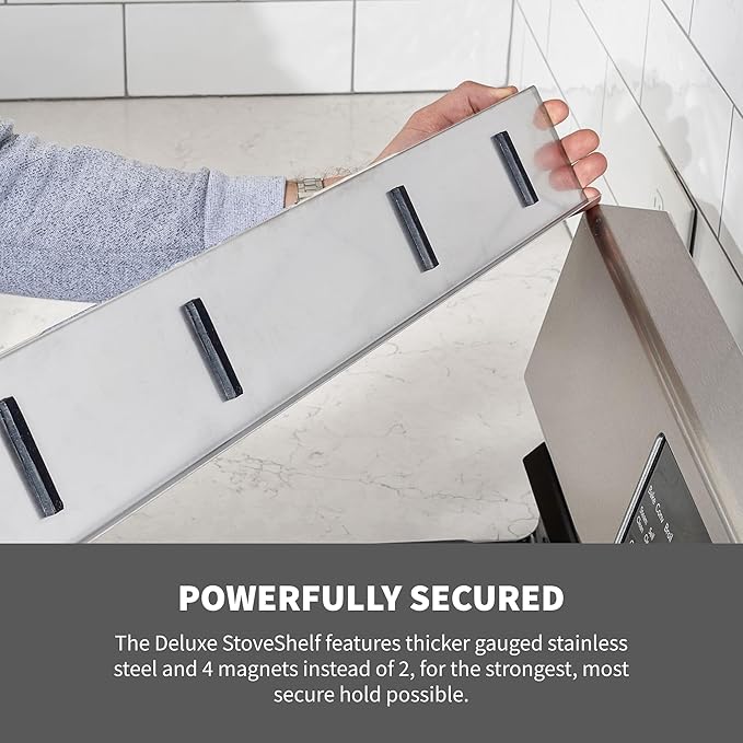 StoveShelf Deluxe 30" Length Stainless Steel Finish Magnetic Shelf for Kitchen Stove - Extra Strength Double Magnets - Kitchen Storage Solution with Zero Installation - Over Stove Spice Rack Organizer
