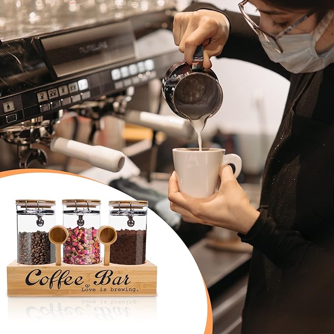ZHAO Glass Coffee Containers with Shelf Airtight Coffee Bean Storage Jars with Locking Clamp Lid and Spoons Coffee Canister Set for Ground Coffee Sugar Tea Nuts Kitchen Food Containers