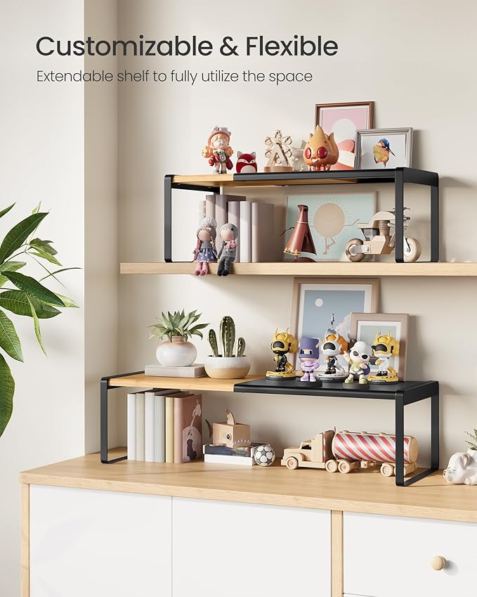 SONGMICS HOME Spice Racks, Expandable Cupboard Shelf Orgnizers, Kitchen Counter Shelves, Bamboo and Metal, Space-Saving Shelving, Stackable, Natural Beige and Ink Black UKCS051B01