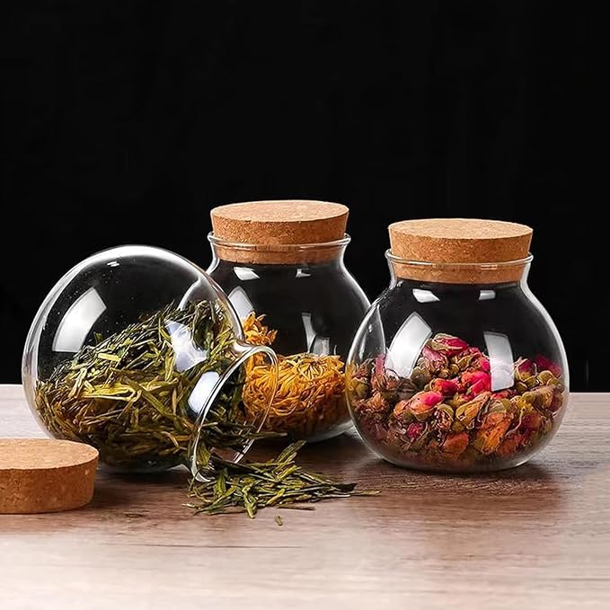 Set of 6 round glass jars with cork lid – 17oz wedding candy jar kitchen jar, perfect for tea, biscuits, cereals, flour, beans, spices, coffee beans etc (6PCS)