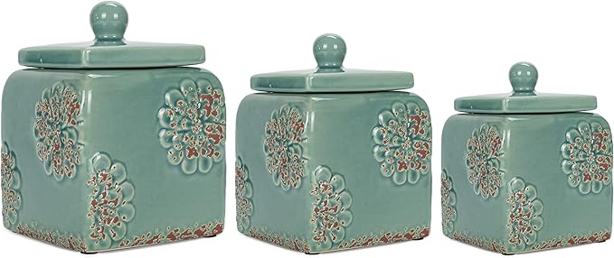 Floral Blue 10, 9, 8 inch Ceramic Food Storage Canisters Set of 3 38993