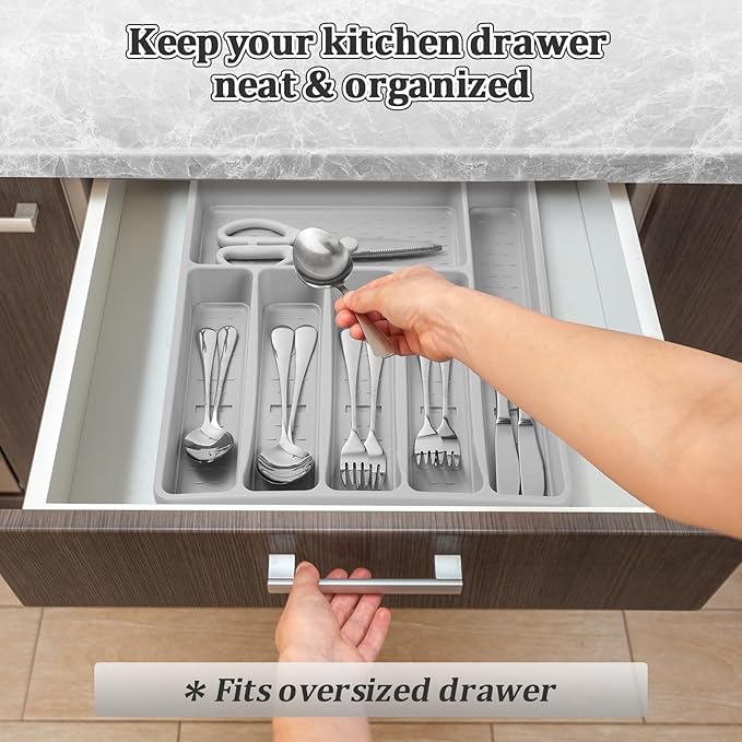Silverware Organizer with Cutlery Icons,Silverware Tray for Kitchen Drawer,Plastic Flatware Tableware Cultery Drawer Organizer Utensil Organizer with Non-slip TPR Linings,6-Compartment,Grey
