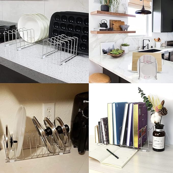 Pot Lid Organizer, Pot and Pan Lid Holder Kitchen Pot Lid Rack, Best Organization Tool Suitable for Baking Pan, Cutting Board, Trays (2 PCS, 8 Silicone Foot Covers)