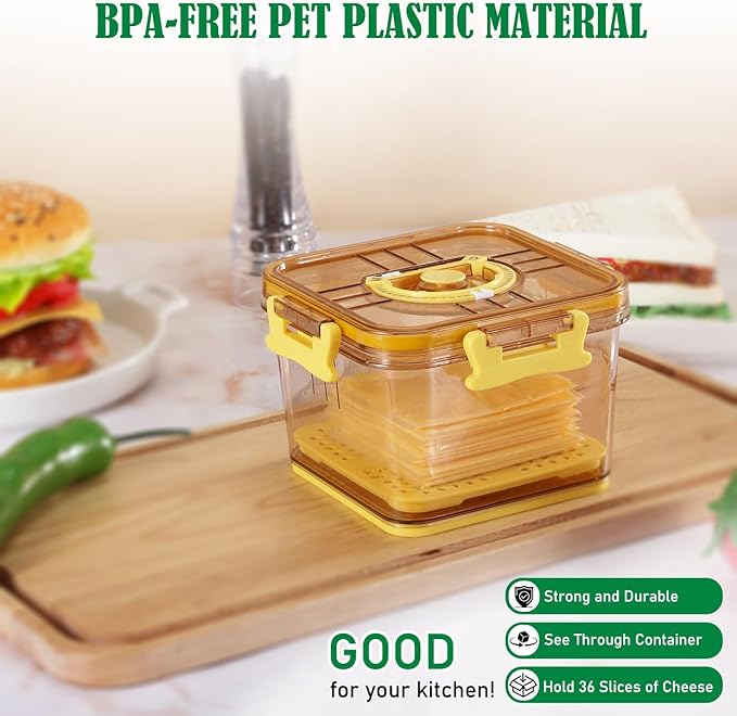 Sliced Cheese Container with Airtight Lid for Mini Fridge BPA-Free Kitchen Plastic Storage Deli Cheese Slices Stackable Store Date Record Function Keeps Cheese Fresh Longer (Yellow)