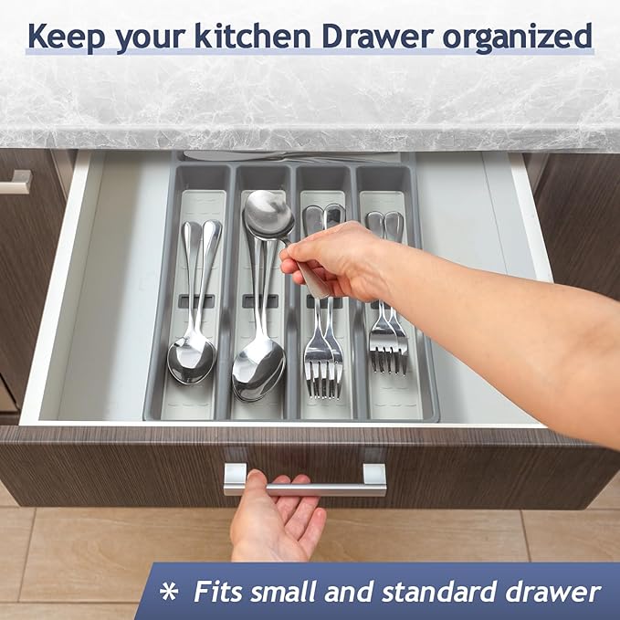 Silverware Organizer with Cutlery Icons,Silverware Tray for Kitchen Drawer,Flatware Tableware Cultery Drawer Organizer Utensil Organizer with Non-slip TPR Linings,Kitchen Organization Essentials