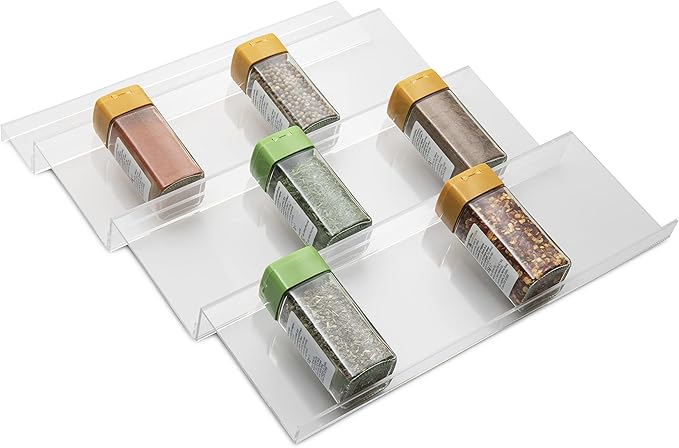 Spice Drawer Organizer Trays - 2 Pack - Expandable, Acrylic, Custom Fit - Declutter Kitchen Drawers, Spice Jar Rack, Cabinets, Pantry 4 Tier- Complete with Measuring Spoons