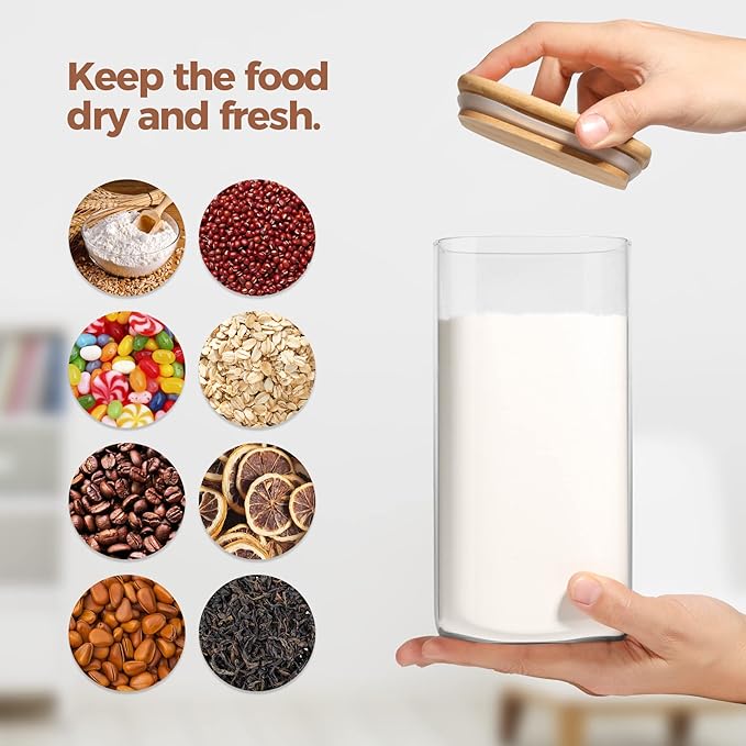 ComSaf Airtight Glass Storage Canister with Wood Lid (51 oz), Clear Food Storage Container Jar with Sealing Lids for Oat Pasta Flour Cereal Rice Sugar Tea Coffee Beans, Set of 3 Square Cookie Jar