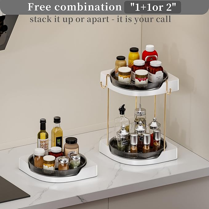 2 Pack Lazy Susan Turntable - Corner Spice Organizer for Cabinet - 9 Inch Rotating Condiment Rack Storage for Refrigerator, Pantry, Kitchen, Vanity, Bathroom Countertop (2 Tier-Gray)