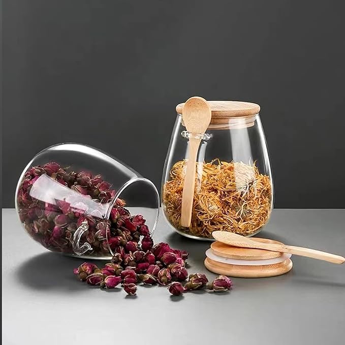 Airtight glass jar storage container with bamboo lid Set of 4, wide mouth, leak-proof, With a spoon, can be used for coffee beans, tea leaves, grains, dried fruits, etc (Middle*4pcs)