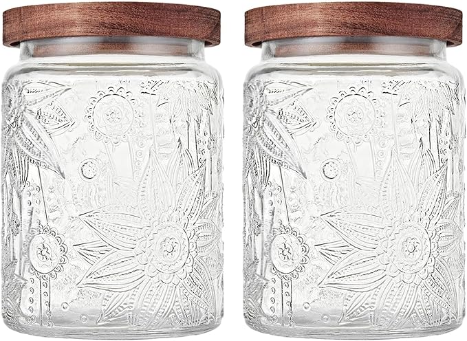 Glass Storage Jars With Airtight Lid, 23.7oz Container For Kitchen Counter with Wooden Lid, brown sugar, candy, coffee, cookie, salt, tea, cute Jar (Sunflower*2)