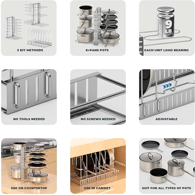Vdomus Pot Rack Organizer - 3 DIY Methods, Pan and Lid Storage for Cabinet Organizing, 8+ Pot and Pan Holder, Adjustable Pot Rack Lid Holder (Silver)