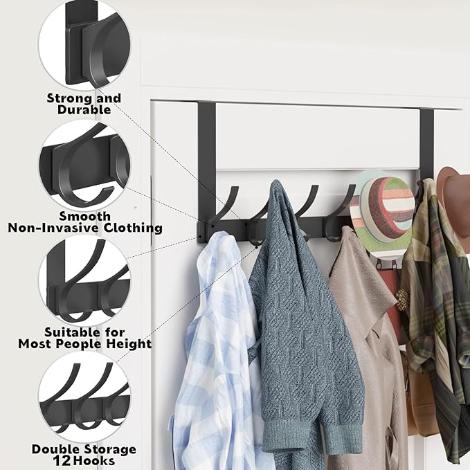 2 Pack Over The Door Hooks, Sturdy Door Hanger, Large Over The Door Towel Rack with 12 Hooks, Heavy Duty Easy to Install, for Bathroom, Bedroom,Kitchen,Hanging Towels, Coats (Black)