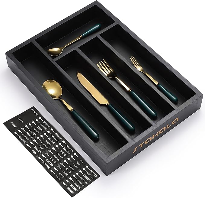 Bamboo Silverware Drawer Organizer with Labels,Kitchen Small Narrow Utensil Drawer Organizer,Kitchen Utensil Tray Holder Organizer for Flatware,Cutlery,Spoon,Knives Drawer Organization (Black, Large)