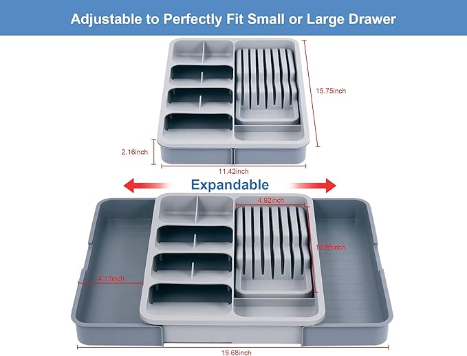 Kitchen Utensil Drawer Organizer, Removable 2-Tier Knife Holder, Expandable Cutlery Tray for Silverware, Flatware and Utensils, Large Kitchen Drawer Dividers for Spoons, Forks, Knives, Gray