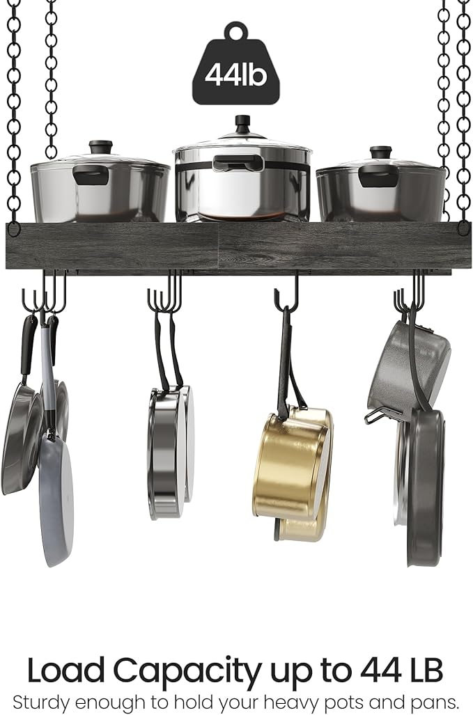 Hanging Pot Rack, Ceiling Mounted Pot Hanger, Vintage Pot Rack for Kitchen, Pot Storage Organizer, with 12 S-Shaped Hooks, for Cookware Storage, Space Saving, Charcoal Black and Black TPR01BC