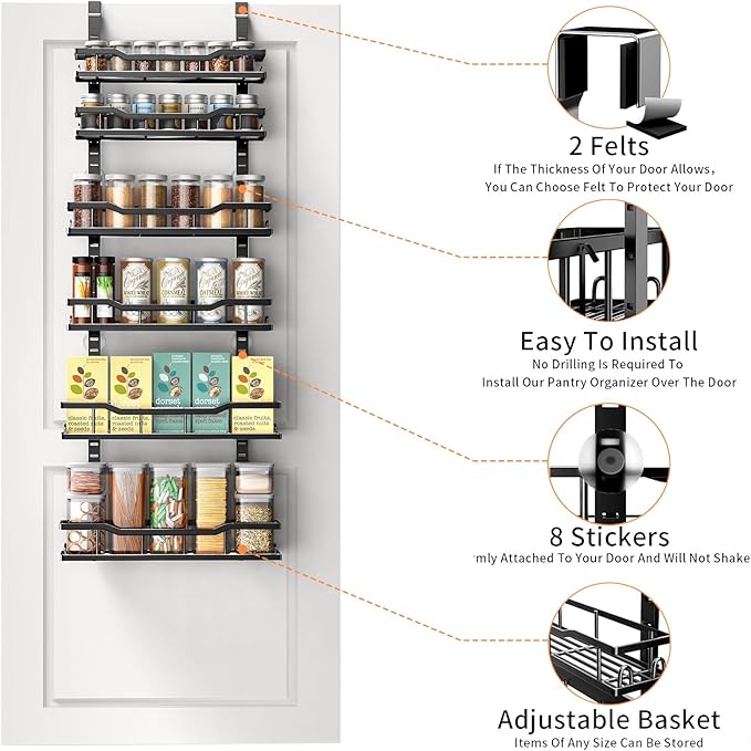 Over The Door Pantry Organizer, 6-Tier Over The Door Organizer with Adjustable Baskets, Metal Hanging Spice Rack for Pantry Organizers and Storage, Suitable for Kitchen Laundry Room & Bathroom, Black