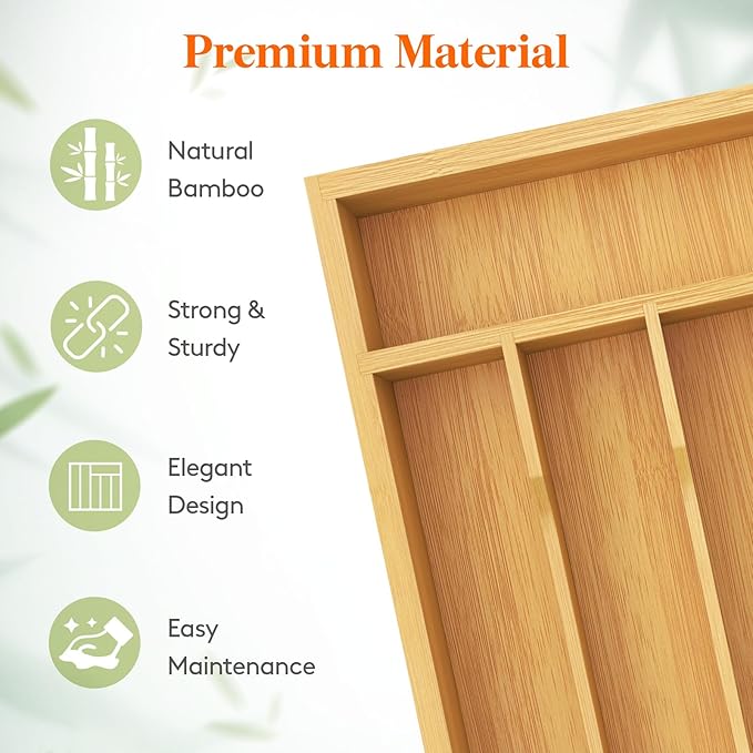 Lifewit Silverware Drawer Organizer Tray, Bamboo Cutlery Storage for Kitchen Drawer, 5 Compartment Flatware and Utensil Holder Divider for Spoons Forks Knives Tableware, Natural