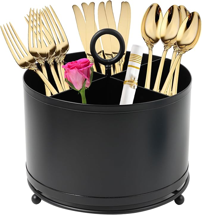 360°Rotating Silverware Caddy,Countertop Silverware Holder,Round Cutlery Caddy Fork Spoon Knife Utensil Organizer Plastic Flatware Holder for Parties Desk Organizer Caddy Pen Pencil Holder -Black