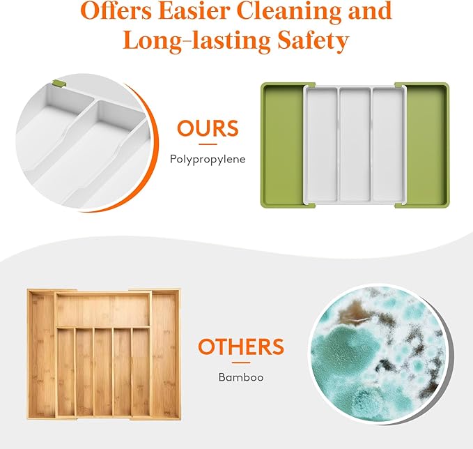 Lifewit Utensil Organizer for Kitchen Drawers, Expandable Cooking Utensil Tray, Adjustable Cutlery Silverware Flatware Holder, Plastic Spatula Tools and Gadgets Storage Divider, Large, Green&White