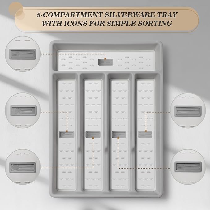 20-Piece Silverware Set with Organizer,Heavy Duty Stainless Steel Flatware Cutlery Tableware Set for 4,Includes 5-Compartment Silverware Tray with Cutlery Icons,First Apartment Kitchen Essentials