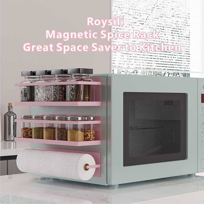 Magnetic Spice Rack For Refrigerator Magnetic Fridge Shelf For Kitchen Spice Organizer Magnetic Shelf For Fridge Space Saving Pink 4 Pack With Magnetic Paper Towel Holder