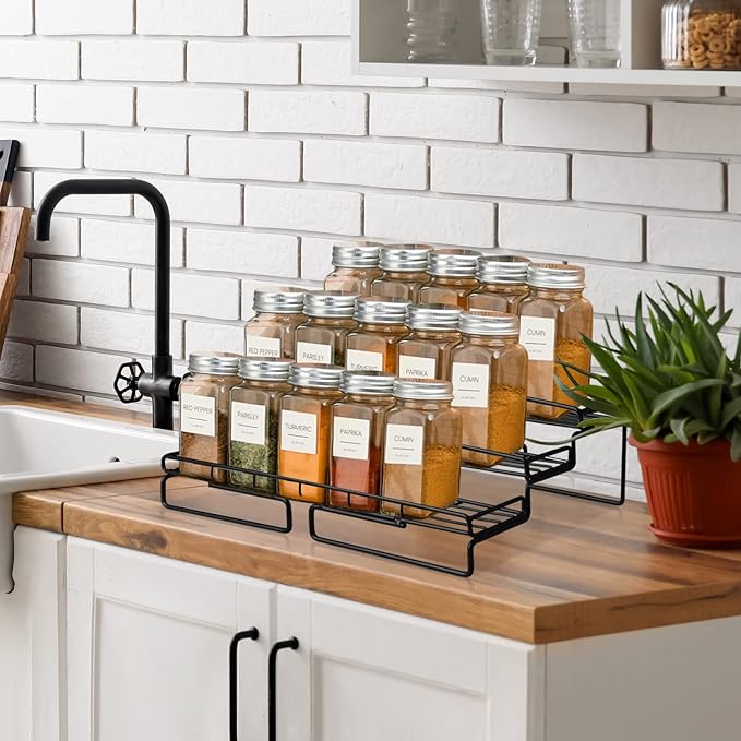 Expandable Spice Rack Set, 3 Tier Spice Rack Organizer for Cabinet Step Shelf Countertop Spice Storage Holder, Metal Seasoning Rack for Kitchen Cabinet Cupboard Pantry - Black