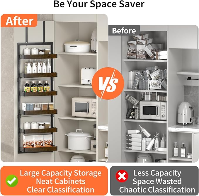 Over The Door Organizer, 6-Tier Over The Door Pantry Organizer, Heavy Duty Metal Frame, Spice Rack, Behind the Door Storage for Kitchen, Bathroom, Laundry Room, 16.9”L×6.3”W×51.2”H (Black)