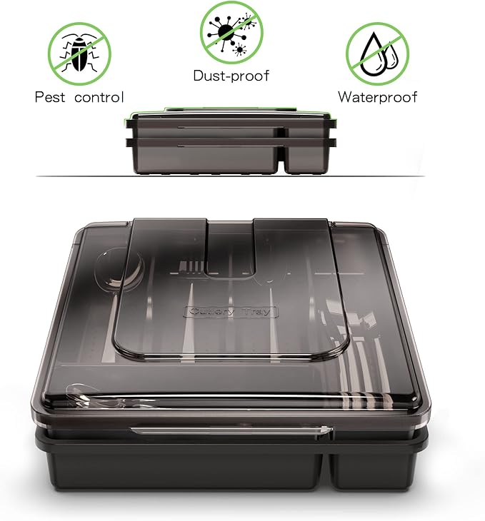 Silverware Holder with Lid, Double Layer Utensil Tray with Cover Large Flatware Organizer Plastic Cutlery Container for Kitchen Drawer Countertop 10 Compartments,Black