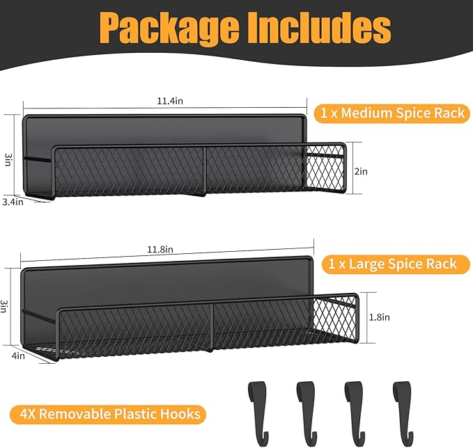 Magnetic Spice Rack for Refrigerator, 2 Pack Metal Magnetic Shelf Black, Moveable Spice Organizer with Hooks, Super Magnetic Fridge Shelf for Kitchen Organization and Storage
