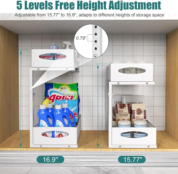 Under Sink Organizer, 2 Tier Metal Pull Out Under Sink Storage with Sliding Mesh Drawers, Height Adjustable Slide Out Under Sink Organizer for Kitchen Bathroom Cabinet, 2 Pack, White