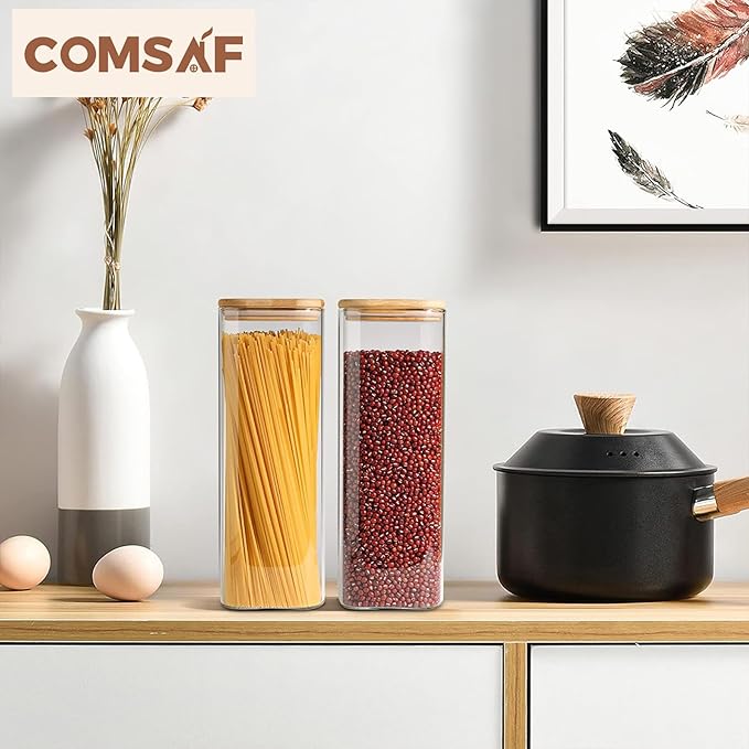 ComSaf Glass Spaghetti Pasta Storage Containers with Lids 73oz Set of 3, Tall Clear Airtight Food Storage Jar with Lid for Noodles Flour Oat Cereal Sugar Beans, Sqaure Spaghetti Pantry Containers