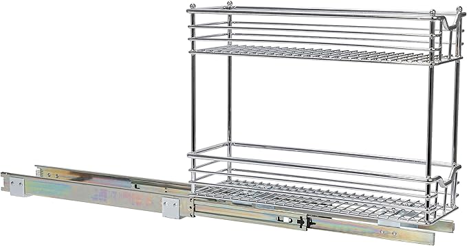 Household Essentials Narrow Sliding Cabinet Organizer, Two Tier Chrome Organizer, Chrome, Great for Slim Cabinets in Kitchen, Bathroom and More