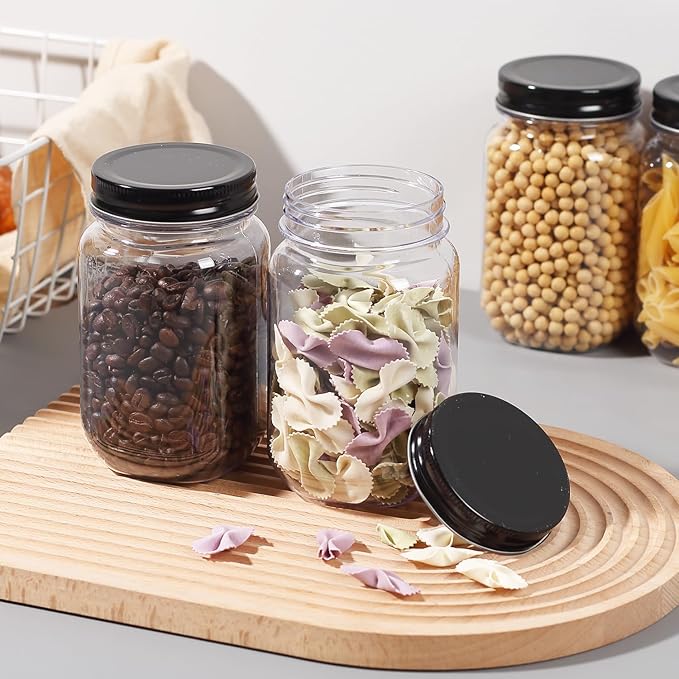 16 Ounce Clear Plastic Mason Jars With Screw On Lid, Reusable Empty Jars for Food Storage, Round BPA Free Containers for Sealing, Dry Food, Snacks, Candies, Breakage-proof, (Black - 20 Pack)