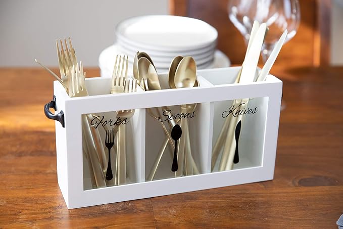 BLU MONACO White Wooden Cutlery & Utensil Caddy – Flatware Organizer Bin for Forks, Spoons, Knives – Perfect for Kitchen Countertop