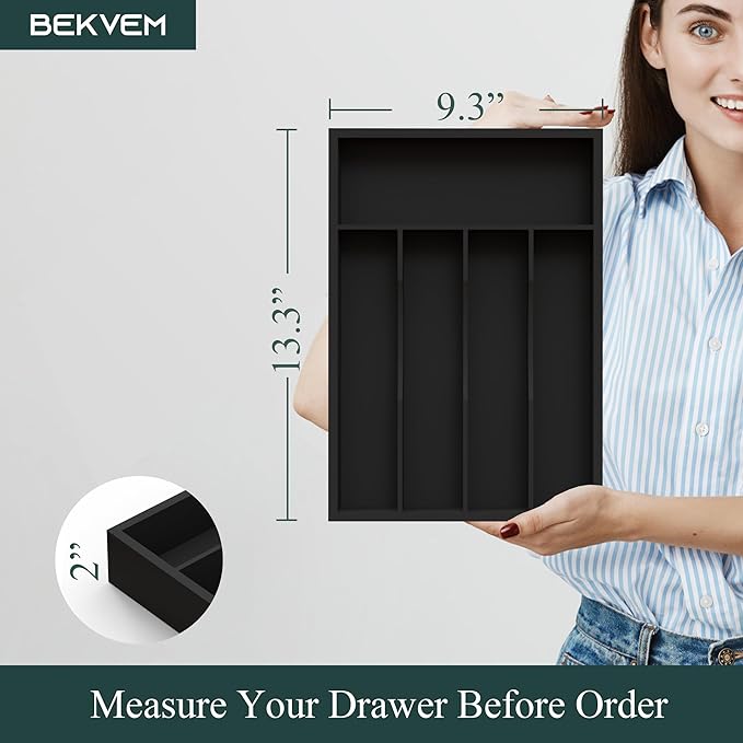 Bamboo Silverware Organizer, Kitchen Drawer Organizer, Utensil Holder, Cutlery Tray & Spoon Flatware Storage with Grooved Drawer Dividers ((5 Slots, Black)