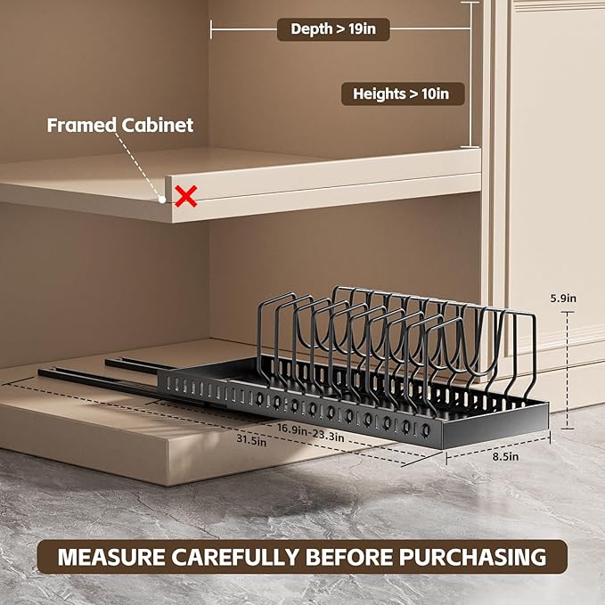 2 Pack Pots and Pans Organizer Under Cabinet, Expandable Pull Out Cabinet Organizer with 10 Adjustable Dividers, Slide Out Pot and Pan Holder for Kitchen Drawers