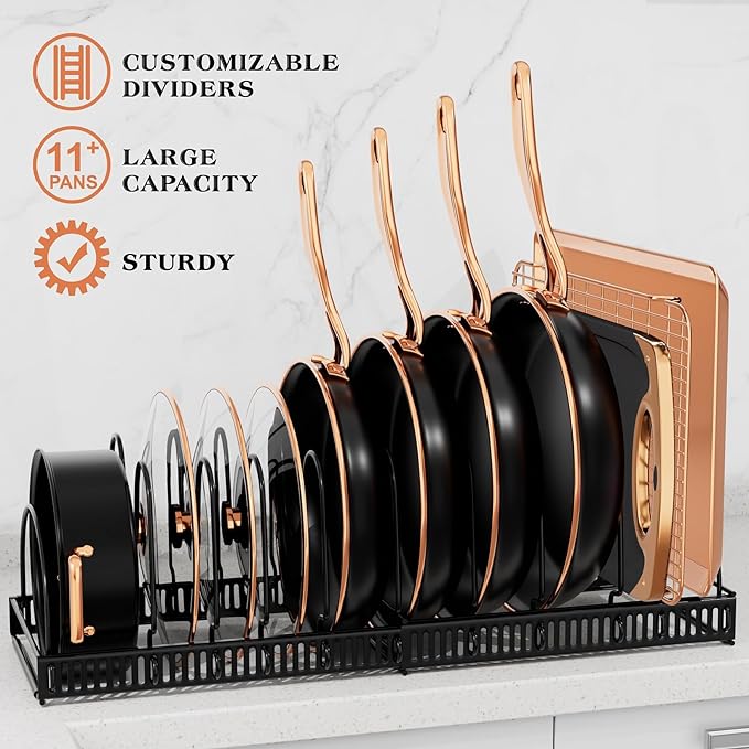 Expandable Pot and Pan Organizer Rack - Adjustable Kitchen Cabinet Holder for Pots, Lids, and Pans